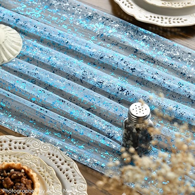 Artoid Mode 3PCS Light Blue Gauze Table Runner 120 Inch 10FT, Glitter