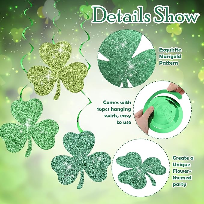 32 Pcs St Patrick's Day Party Decorations Double Sided Glitter Green