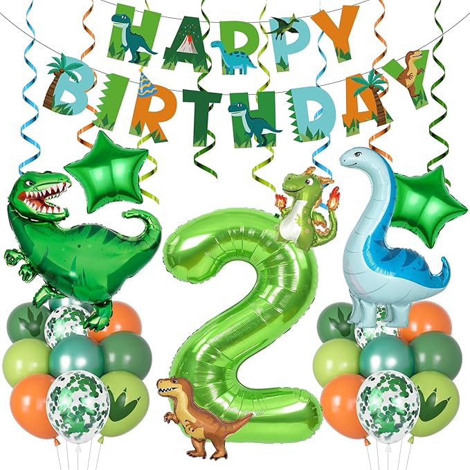 Dinosaur 2nd Birthday Party Decorations for Boys Girls Foil Green