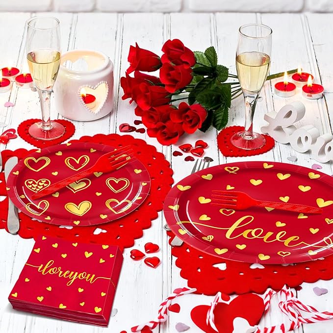 96 Pieces Valentine's Day Love Tableware Set Red and Gold Heart