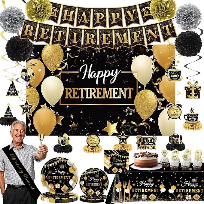 Retirement Party Decorations Black and Gold Napkins Plates