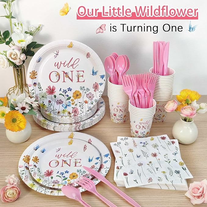 Wild and Onederful 1st Birthday Girl Plates Set 25 Guests Spring