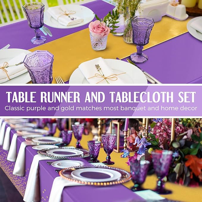 Breling 24 Pack Purple and Gold Disposable Plastic Tablecloths and