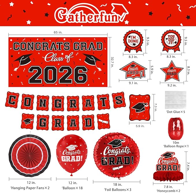 Red Themed 2026 Graduation Decorations Set Congrats Grad Banner