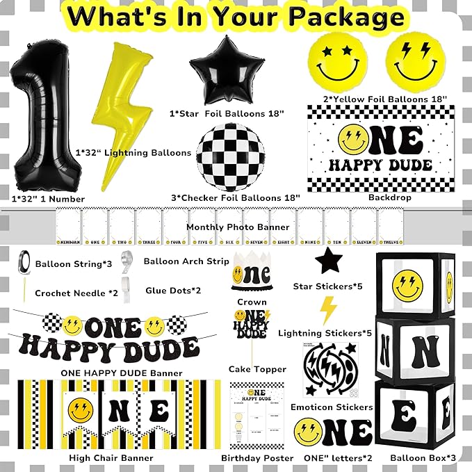 One Happy Dude 1st Birthday Decorations for Boy Smile Face Balloons
