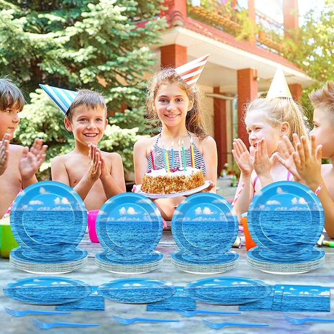 96Pcs Summer Ocean Plates and Napkins Under the Sea Bubbles Blue Sky