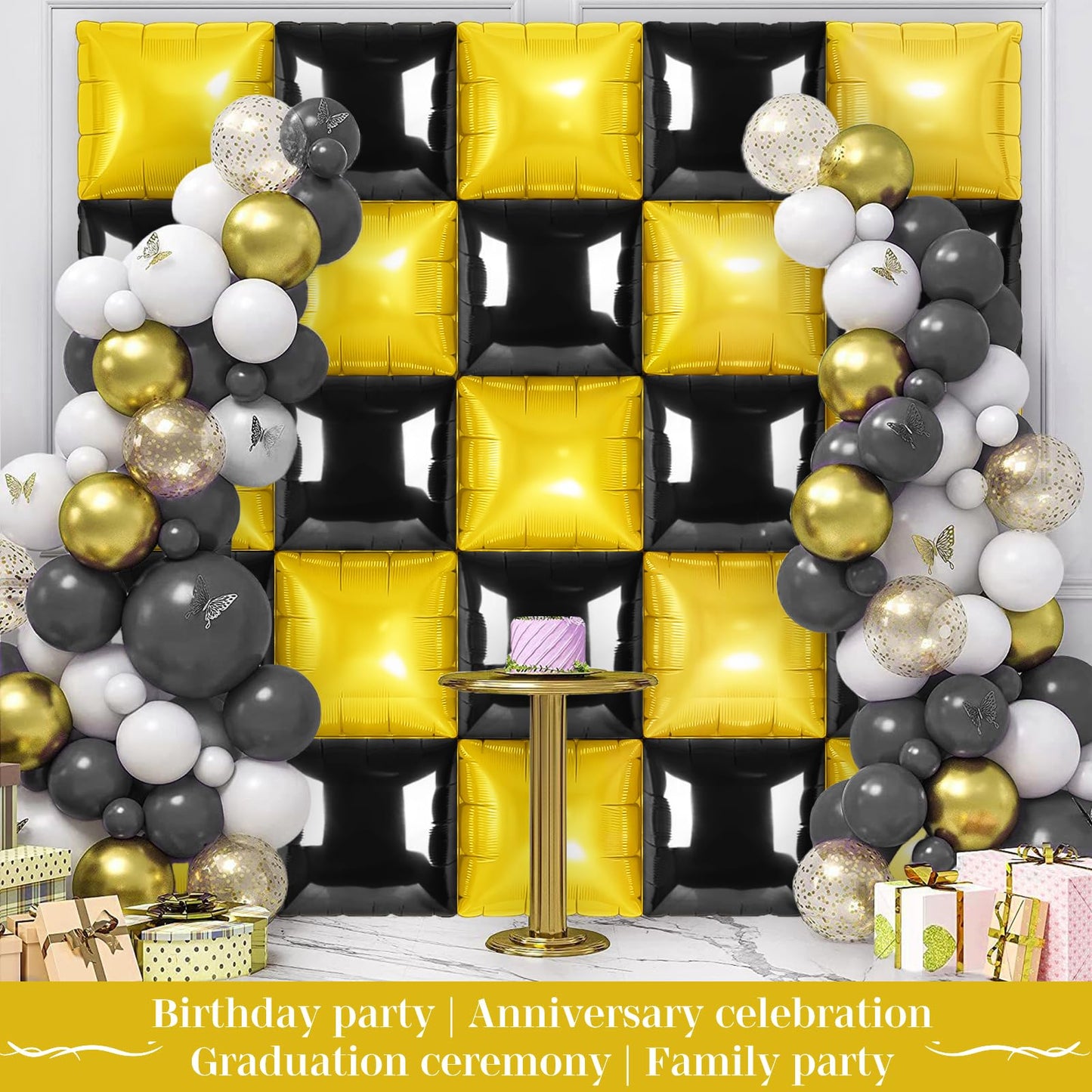 Black and Gold Square Foil Balloons 25 Pcs Metallic Black and Gold