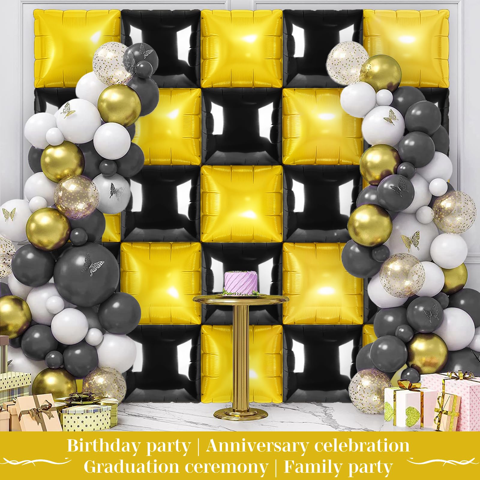 Black and Gold Square Foil Balloons 25 Pcs Metallic Black and Gold
