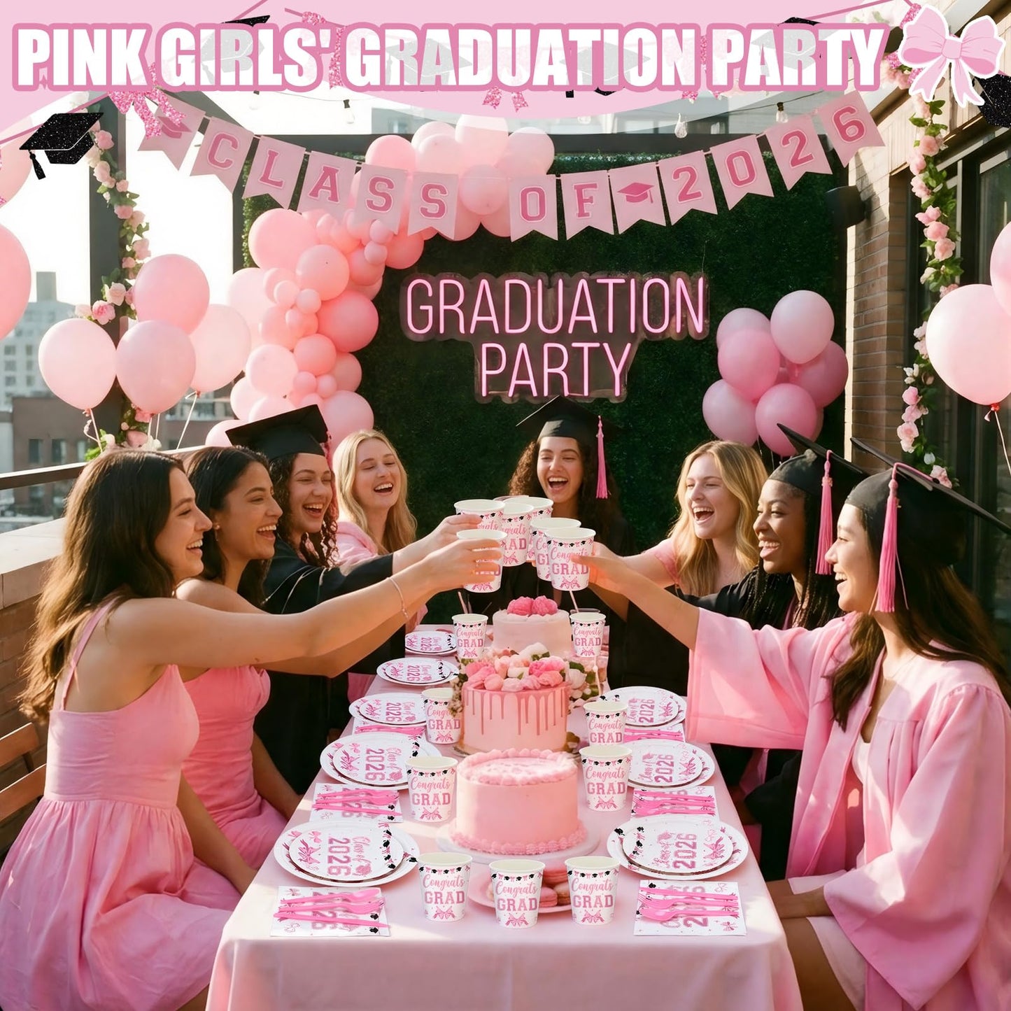 Sunnychicc 168 Pcs Pink Graduation Decorations Pink Bow Class of 2026