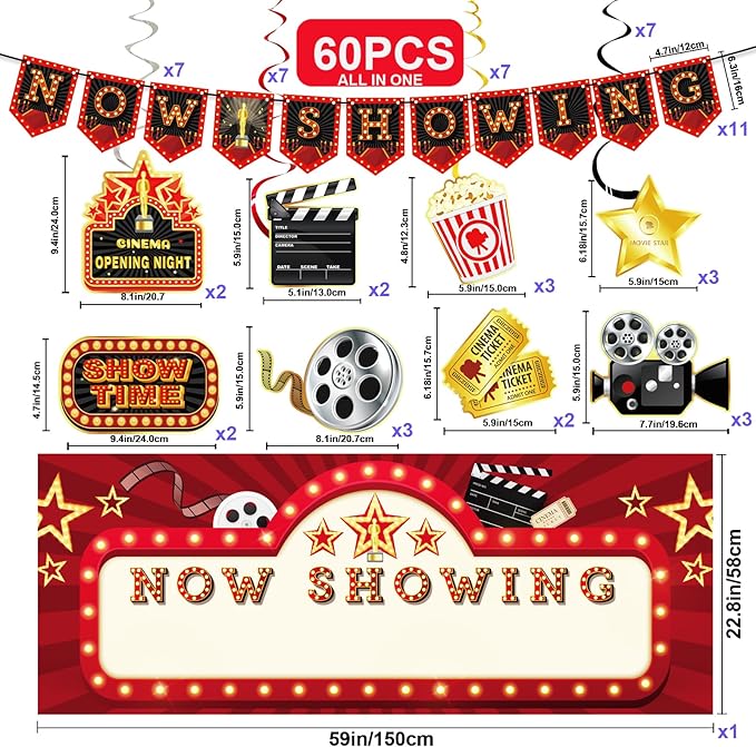 Movie Night Party Decorations 60 Pcs Kit Now Showing Banner Hanging