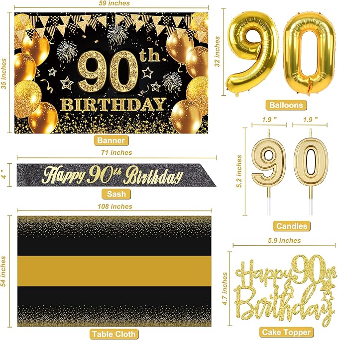 90th Birthday Decorations Men Women with 90th Birthday Banner Black