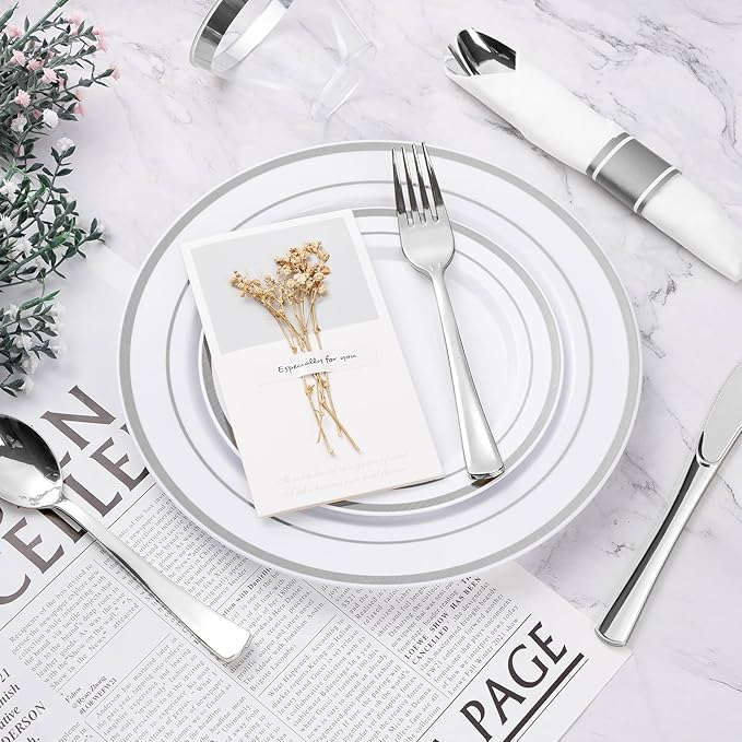 BESTVIP 175PCS Silver Plastic Dinnerware Set, Disposable Party Plates