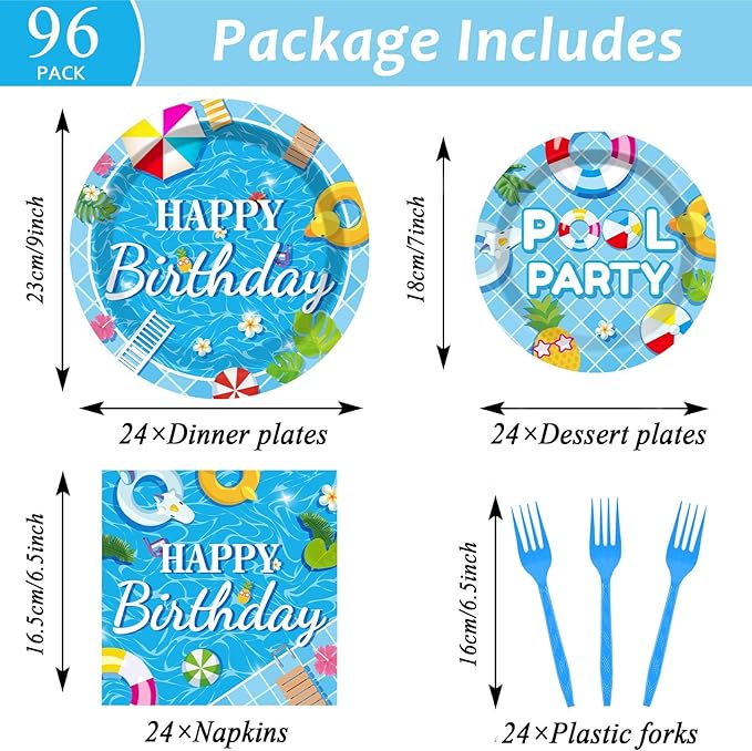 96 Pieces Pool Birthday Party Tableware Set for Summer Beach Table