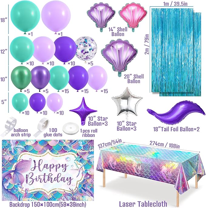 139Pcs Mermaid Birthday Party Decorations Supplies for Girl Kid