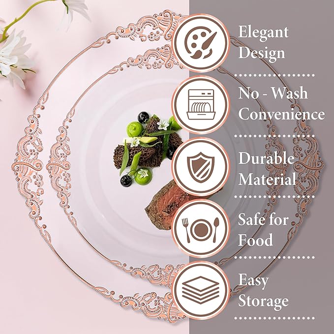 Nervure 175PCS Rose Gold Plastic Plates - Disposable Rose Gold Party