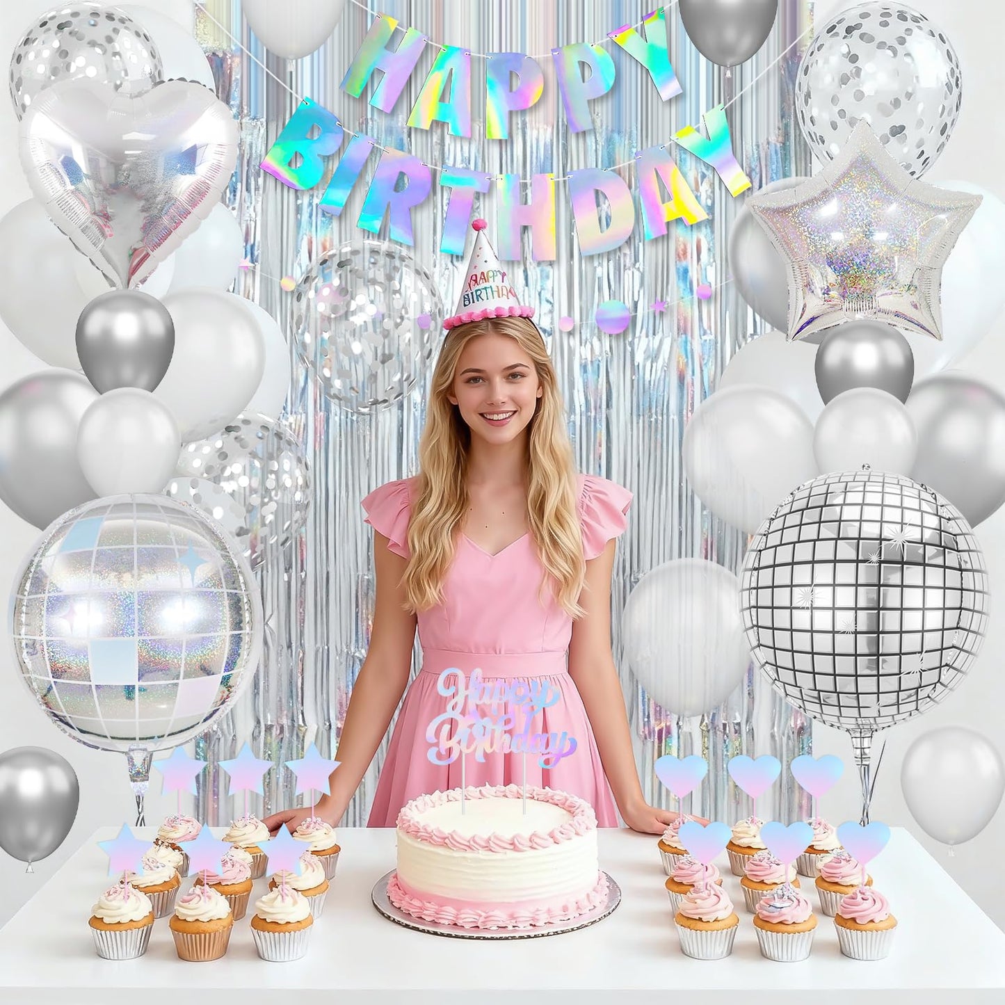 Disco Party Decorations, Iridescent Happy Birthday Star Hanging Banner