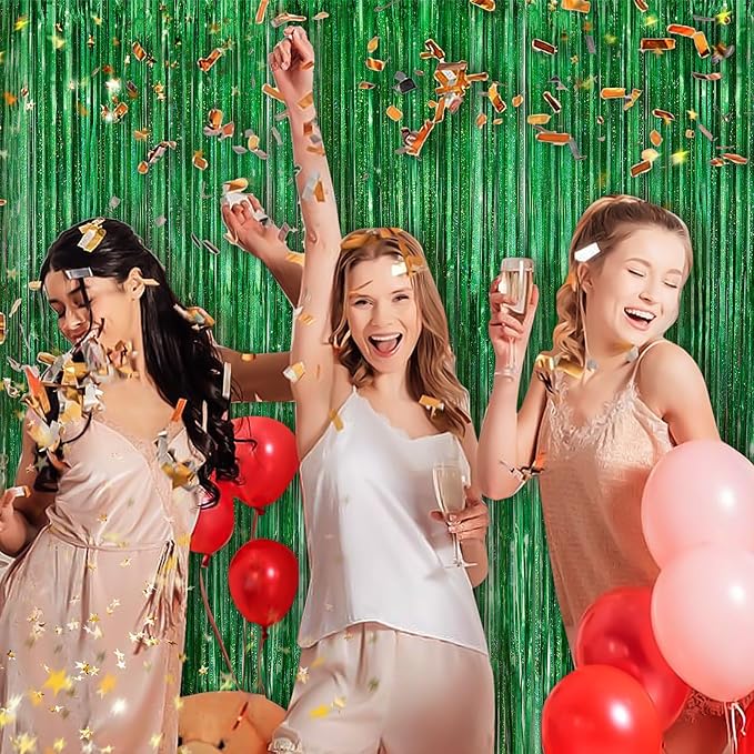Green Metallic Tinsel Foil Fringe Curtains, 2 Pack 3.3x8.3 Feet Party