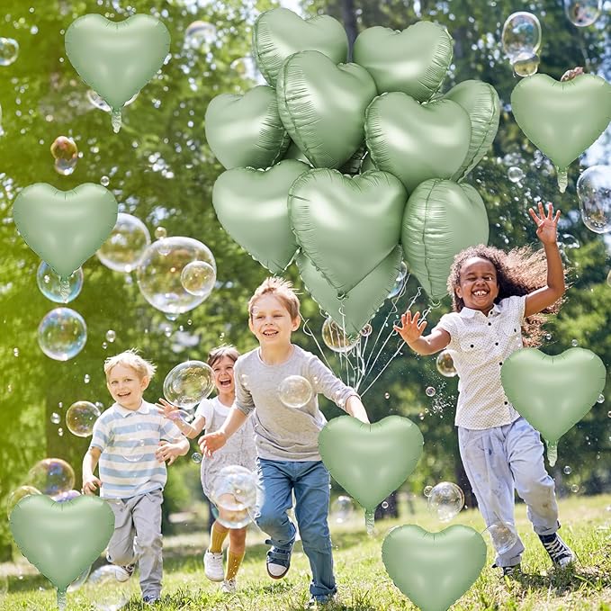 Sage Green Heart Foil Balloon, 10PCS Olive Green Heart Helium