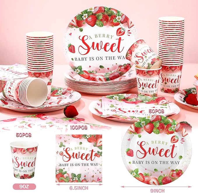 200 Pcs Strawberry Baby Shower Paper Plates Napkins Cups Baby Shower