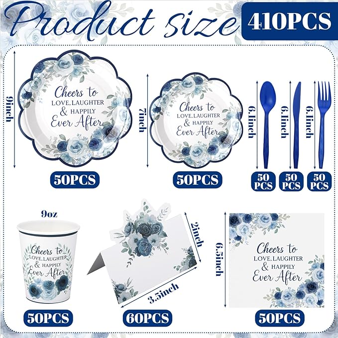 410 Pcs Blue Floral Wedding Decorations Elegant Floral Paper Plates