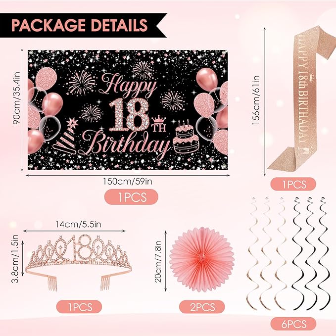 18th Birthday Decorations for Girls Her 52Pcs Black Rose Gold Party