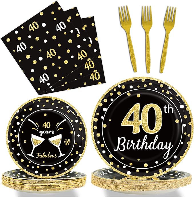 96 Pcs 40th Birthday Plates and Napkins Party Supplies Black Gold