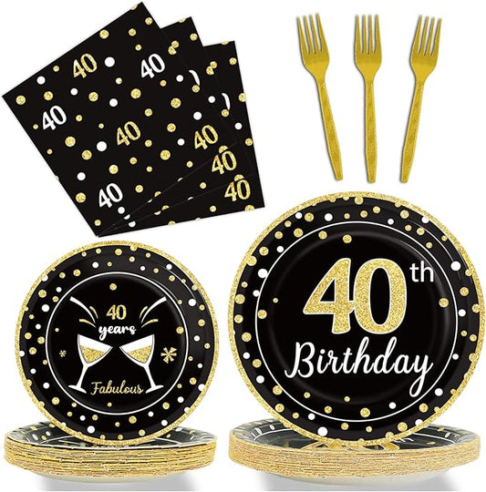 96 Pcs 40th Birthday Plates and Napkins Party Supplies Black Gold