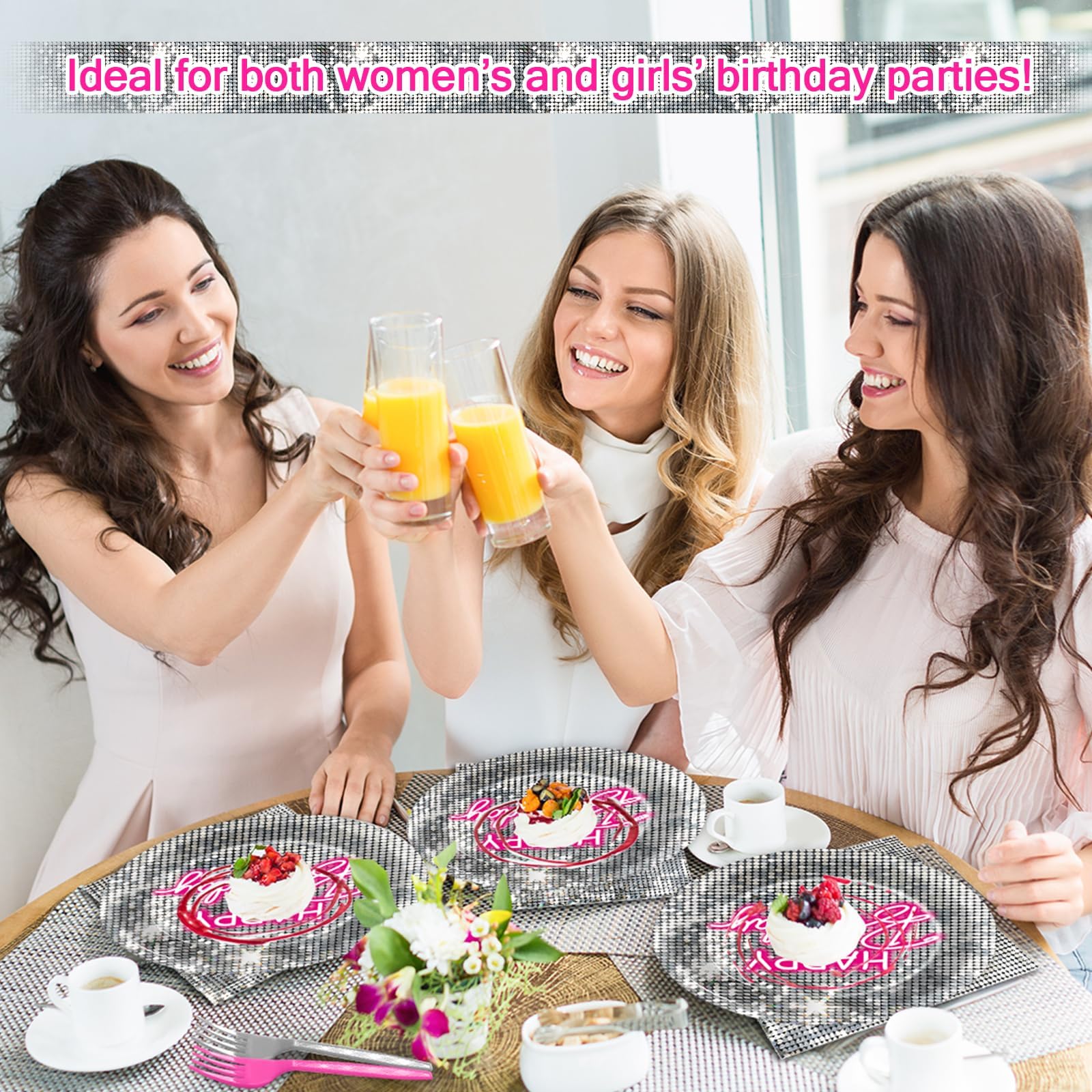 96PCS Silver Sequins Pink Neon Birthday Paper Plates and Napkins