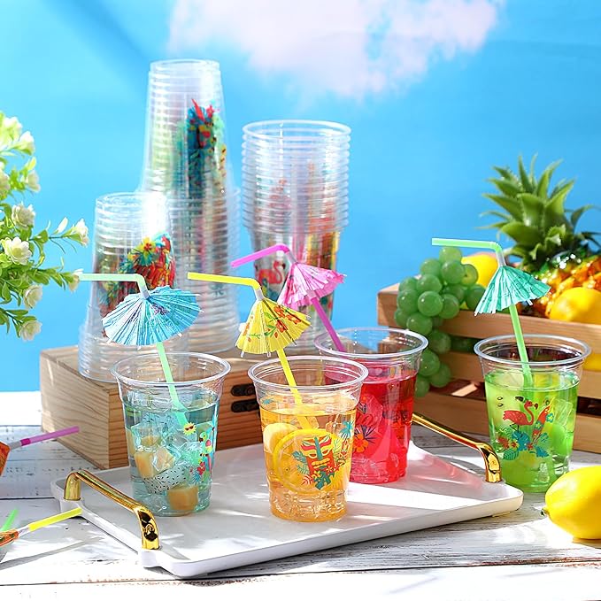 100 Set Hawaiian Luau Party Cups with Umbrella Straws 12 oz Tiki