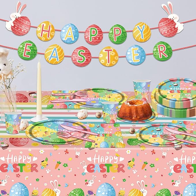 98PCS Easter Party Supplies Happy Easter Paper Plates and Napkins
