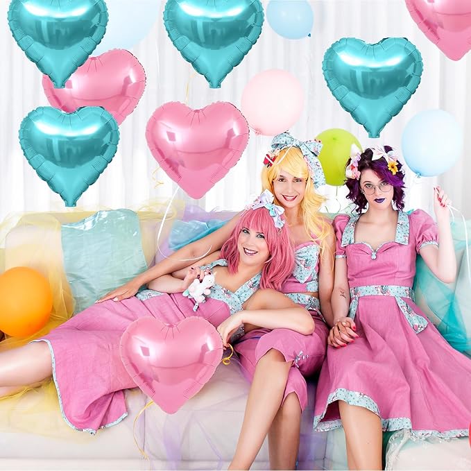 Pink Blue Heart Balloons,12Pcs Teal Blue Heart Shaped Foil