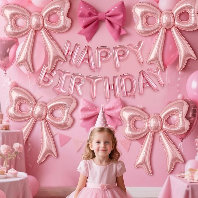 Bow Number 2 Birthday Balloons, 40” Pink Aluminum Foil Balloons Happy