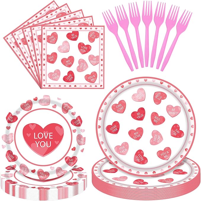 96 Pieces Valentine's Day Tableware Set Red and Pink Heart Message