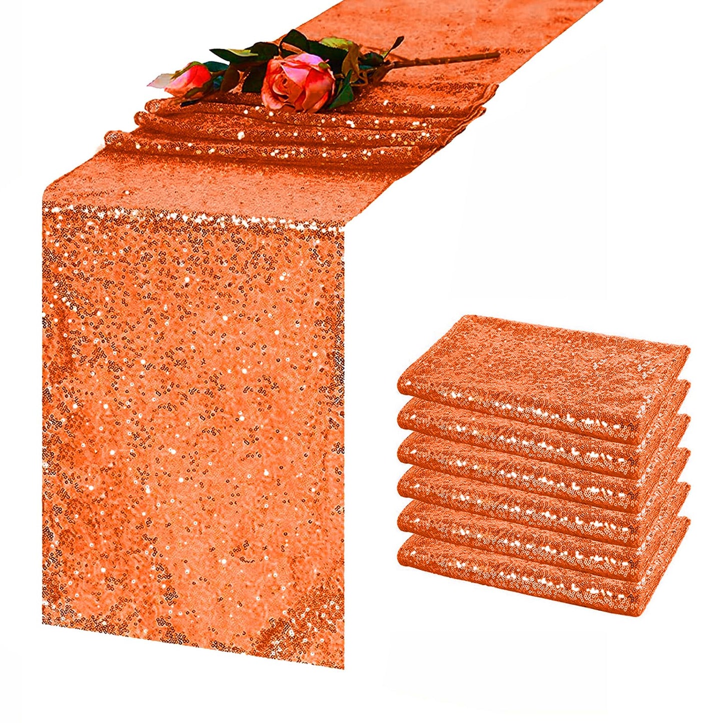 TCBESTO 6 Pack Orange Sequin Table Runner 12 x 72 Inch - High Density