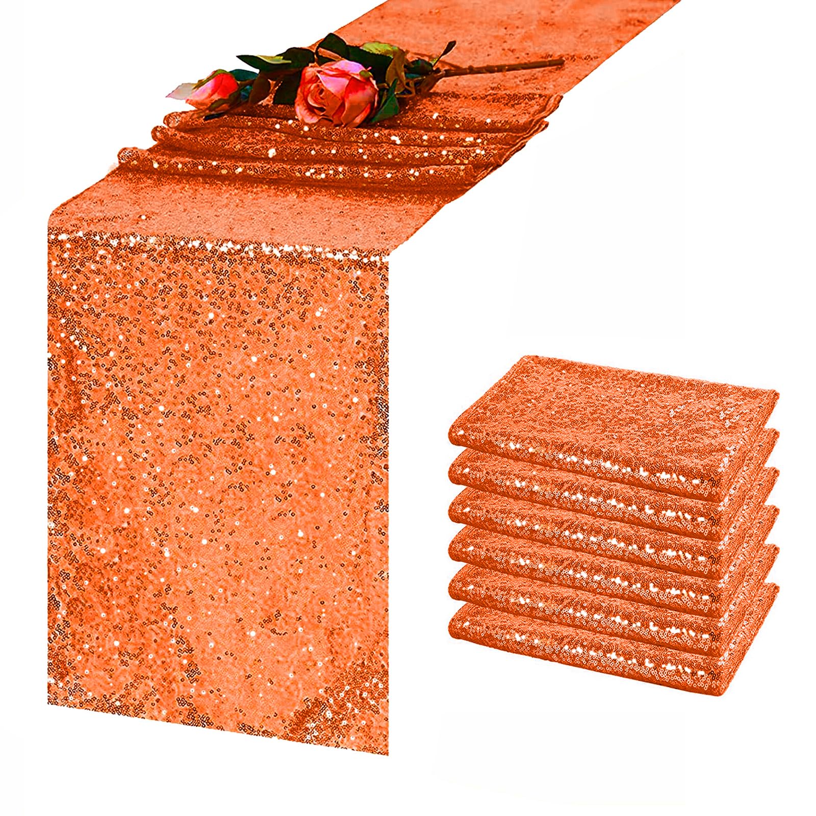 TCBESTO 6 Pack Orange Sequin Table Runner 12 x 72 Inch - High Density