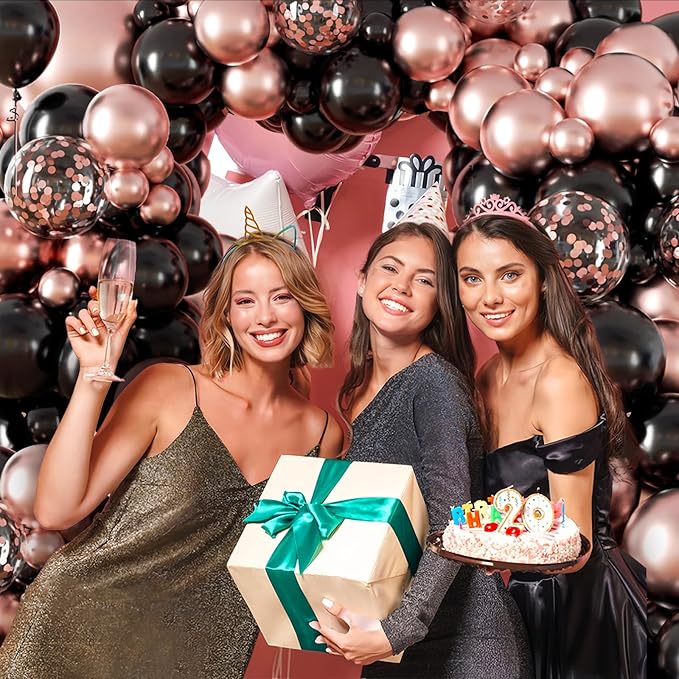 132pcs Rose Gold and Black Balloon Arch Kit, Metallic Rose Gold and
