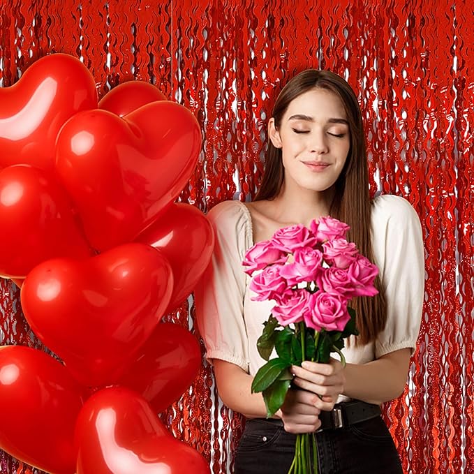 Red Tinsel Foil Fringe Curtains Wavy Backdrop for Parties Sparkle