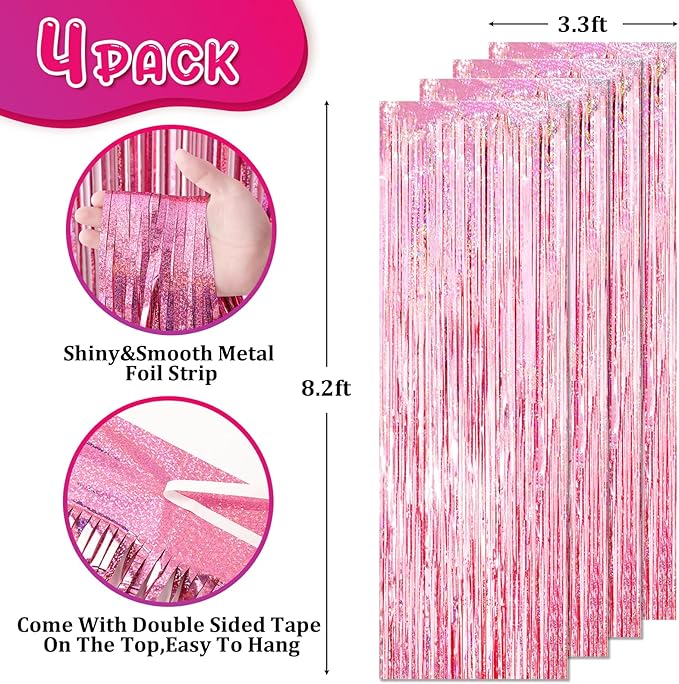 Voircoloria 4 Pack 3.3x8.2 Feet Laser Pink Foil Fringe Backdrop