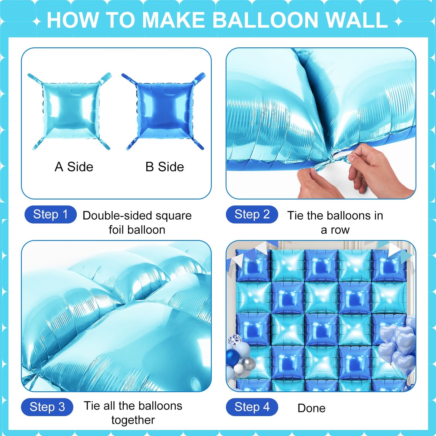 LightBlue and Blue Square Foil Balloons 25 Pcs Metallic LightBlue and