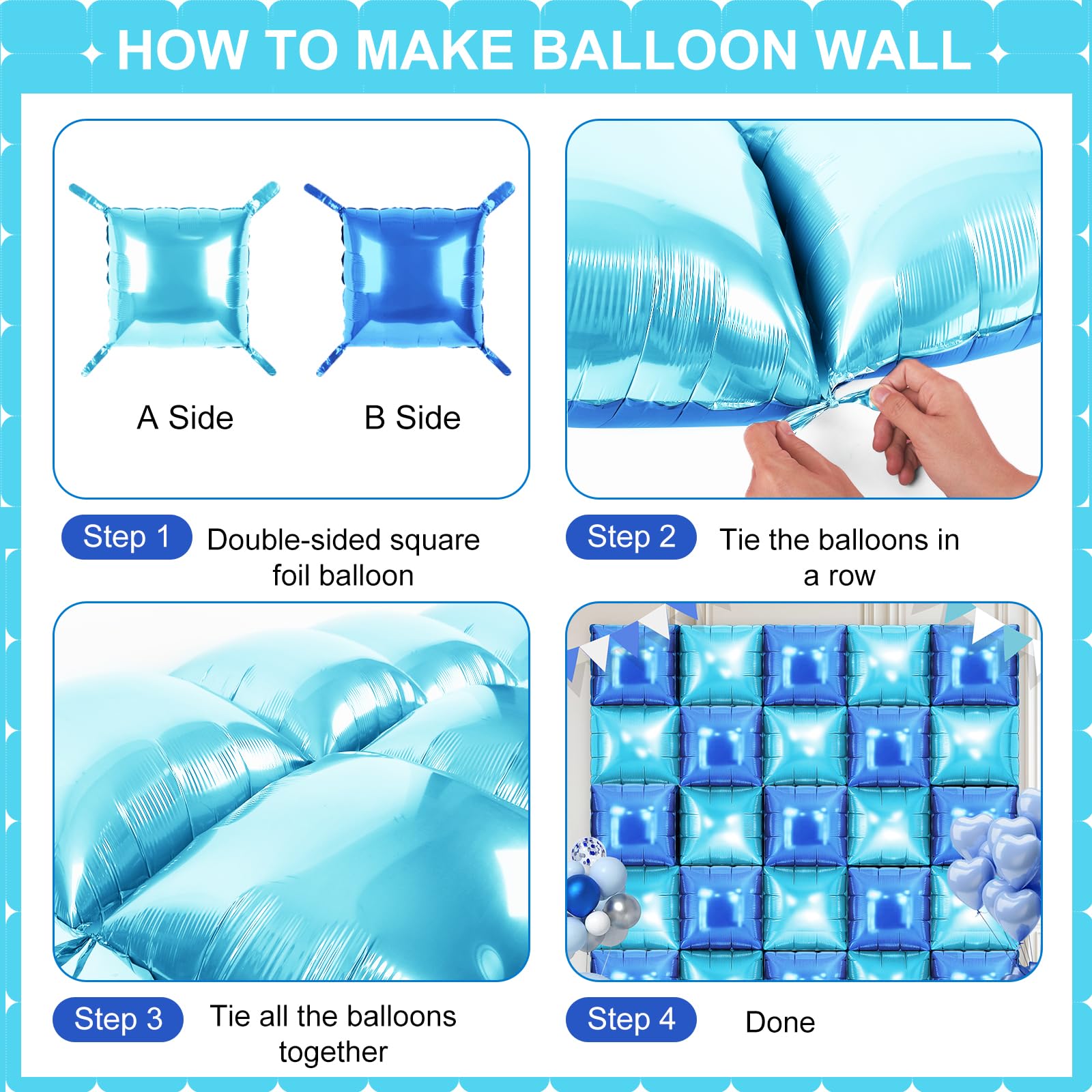 LightBlue and Blue Square Foil Balloons 25 Pcs Metallic LightBlue and