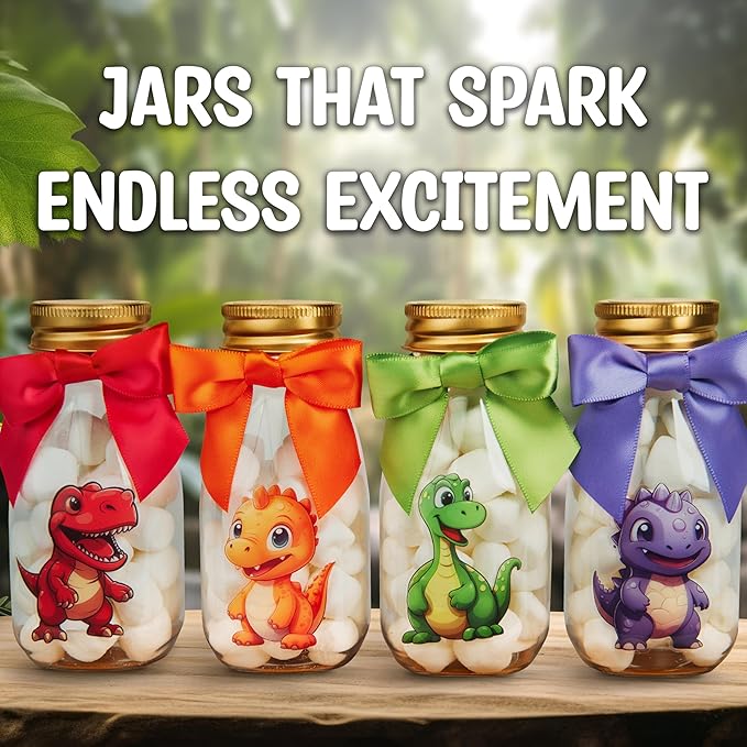Small 12 Pack Dinosaur Party Favors DIY Candy Jars with Ribbons and