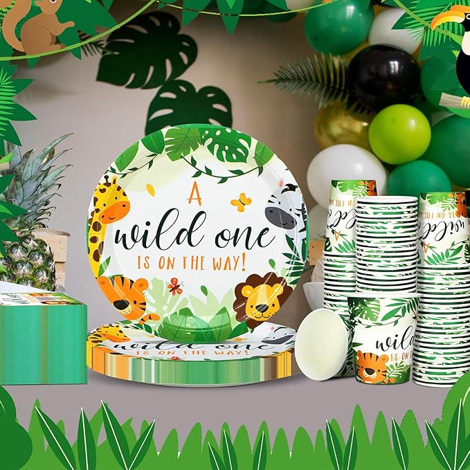 200 Pcs Jungle Safari Baby Shower Paper Plates Napkins Cups Baby
