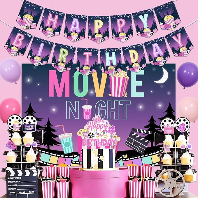 Movie Night Party Decorations Pink & Purple Fantasy Banner Backdrop