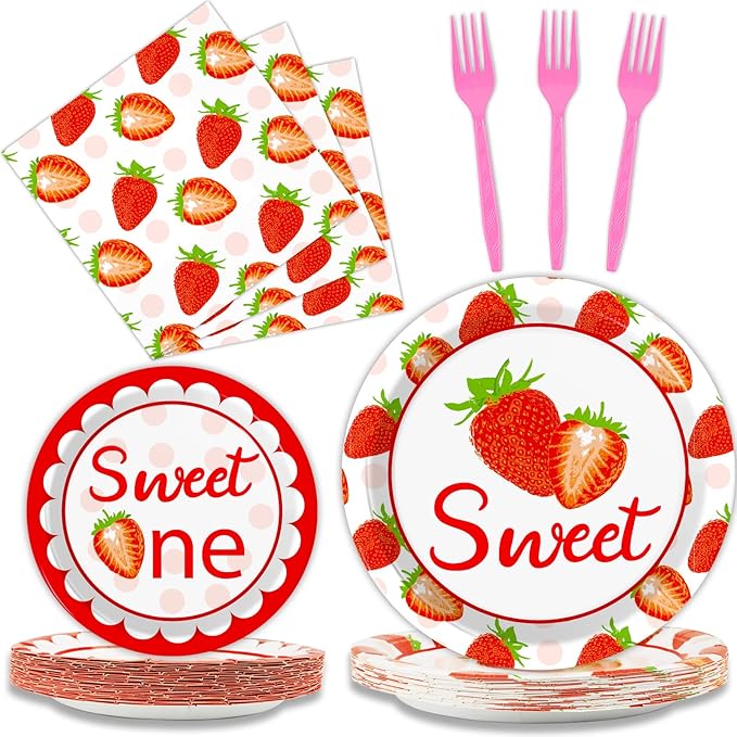 96 Pcs Strawberry Party Supplies Paper Plates Napkins 1st Birthday