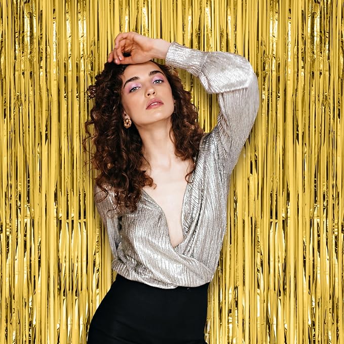 Voircoloria 2 Pack Gold Foil Fringe Backdrop Curtains, Tinsel