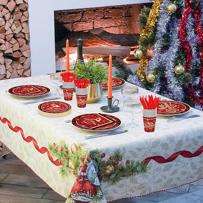 175 Pcs Merry Christmas Party Supplies Set Serves 25 Festive Red and