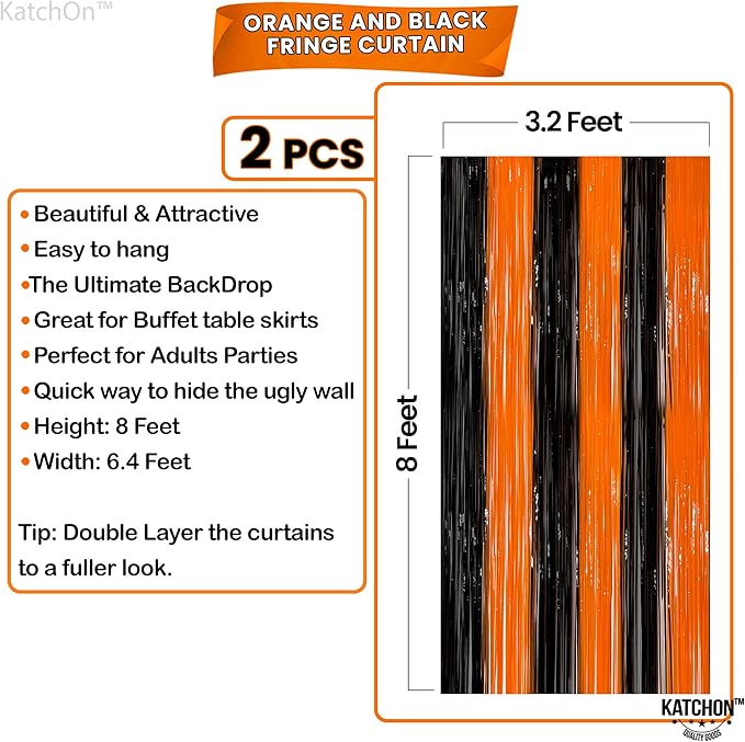 KatchOn, Black and Orange Foil Fringe Curtain - XtraLarge 3.2x8 Feet,
