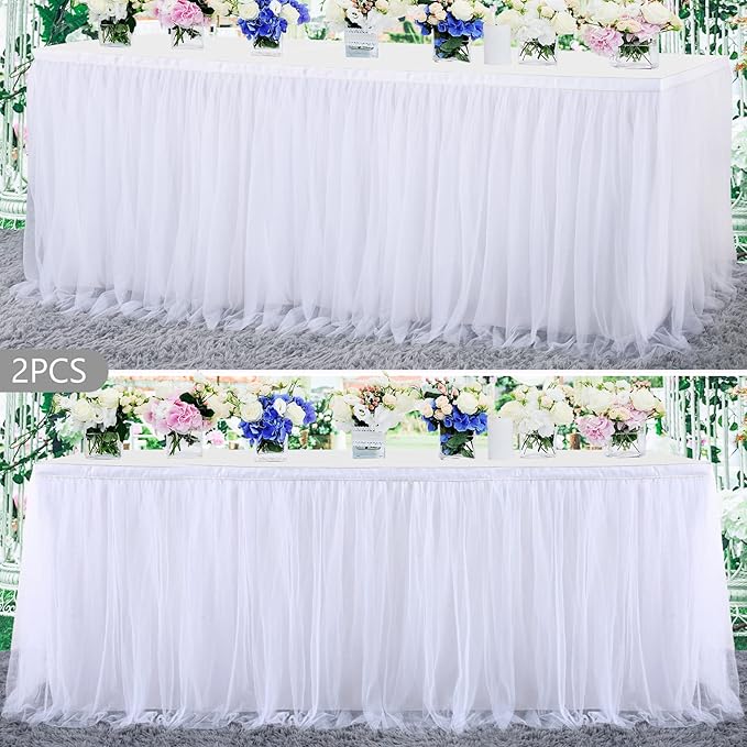 2 Pack 6ft White Tulle Table Skirts for wedding Bridal Shower White