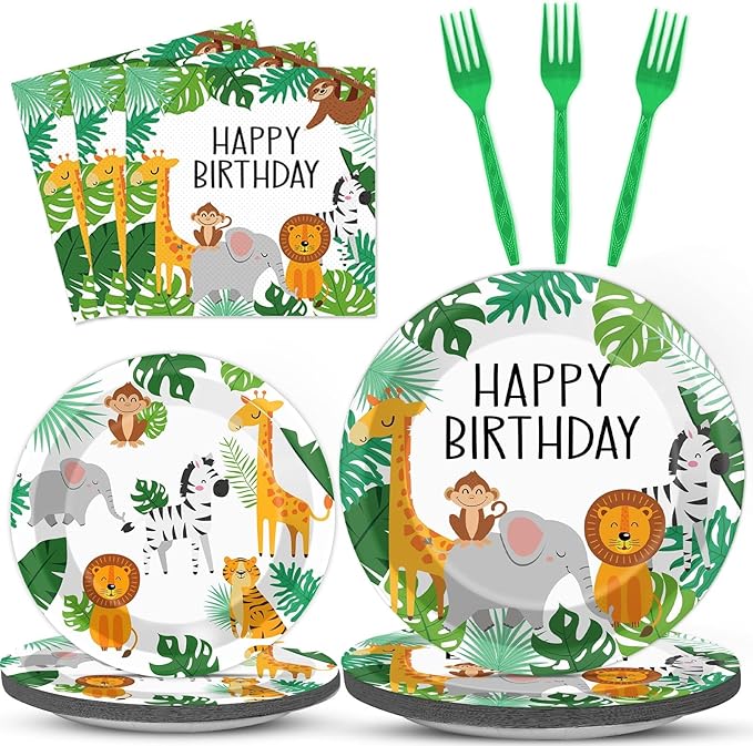 96PCS Jungle Birthday Party Plates and Napkins Safari Animals