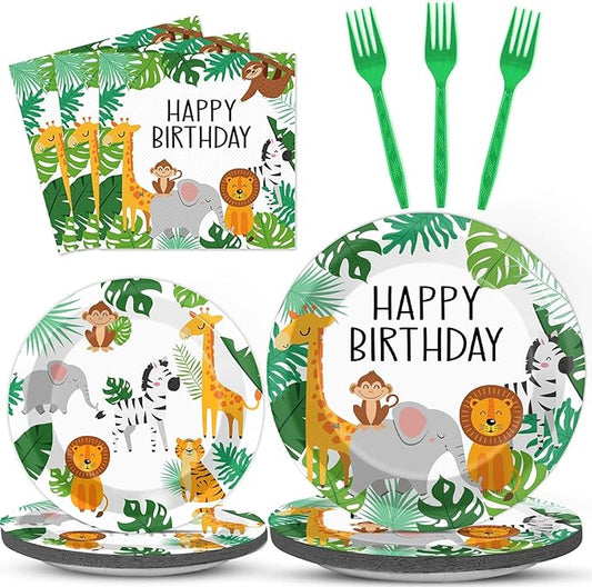 96PCS Jungle Birthday Party Plates and Napkins Safari Animals